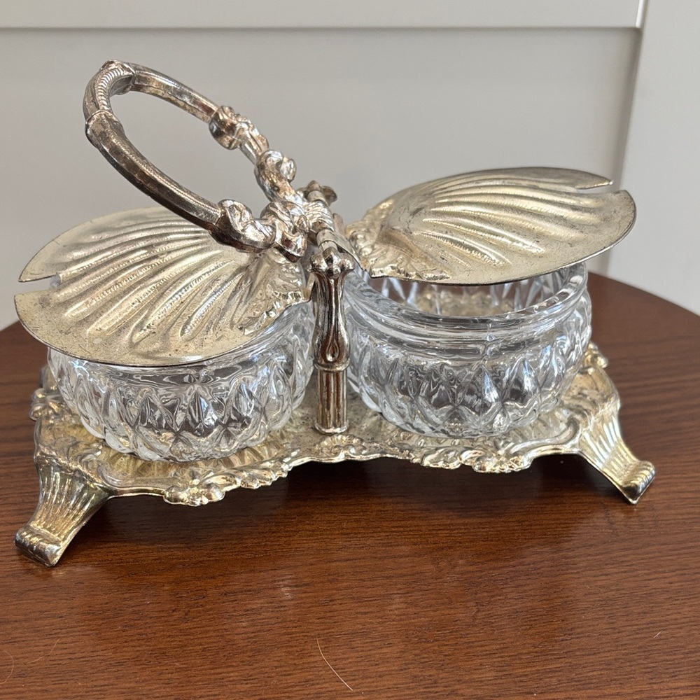 Vintage Glass Double Condiment Dishes with Silver-Tone Shell Lids